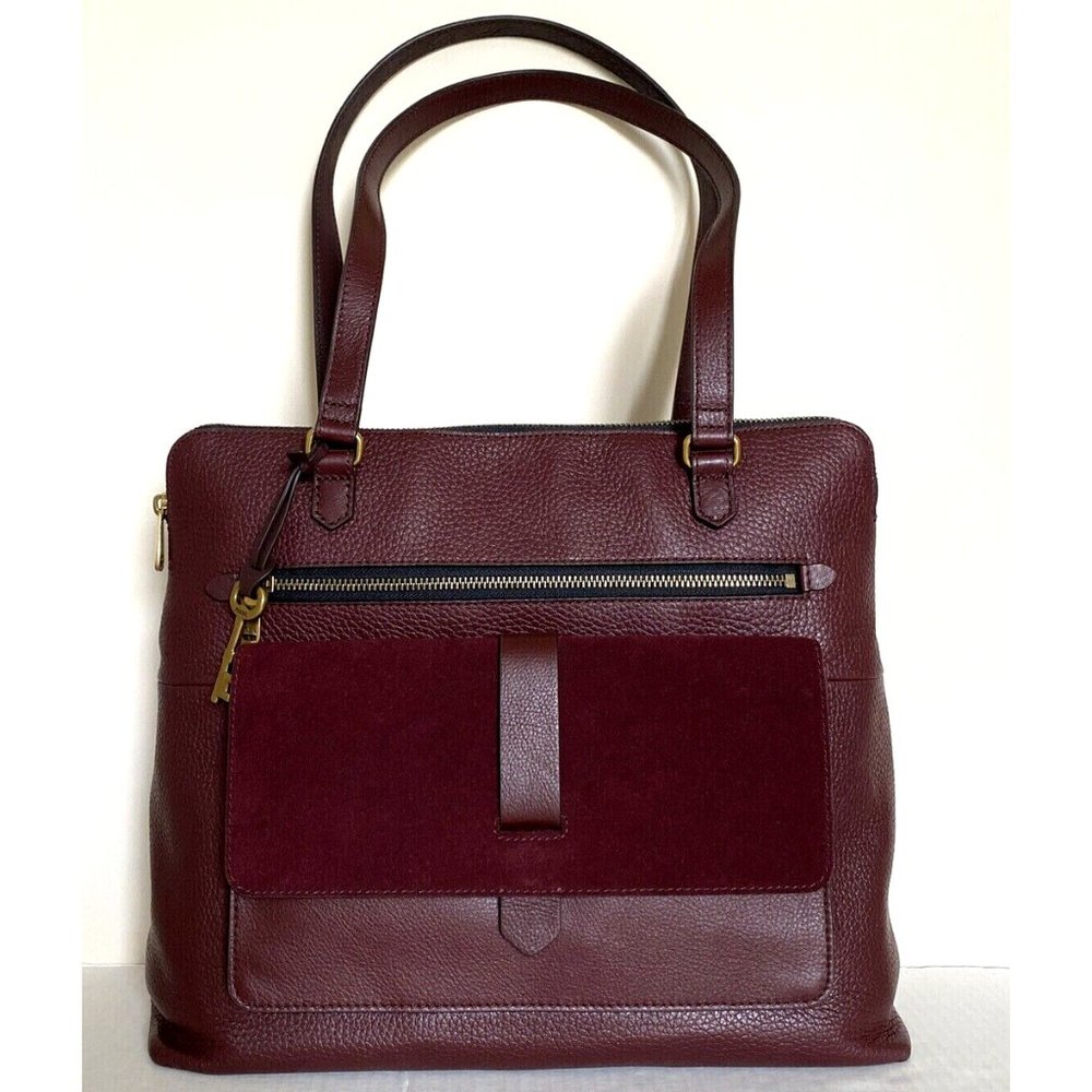 New Fossil Kinley Leather and Suede Shopper Tote Claret Red